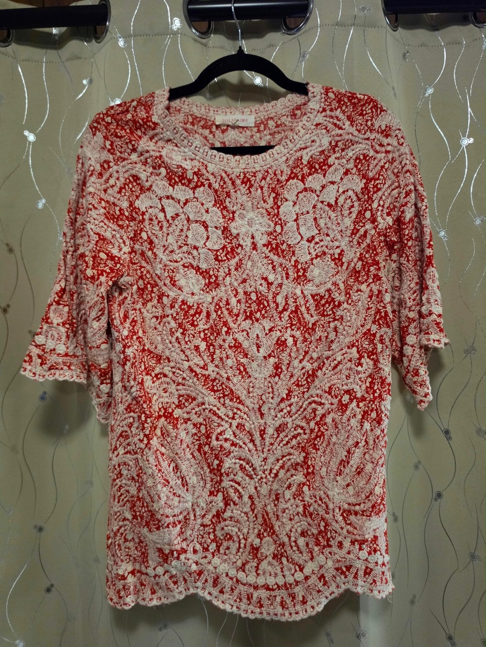 SOLITAIRE by Anthropologie Red & Cream Embroidered Top – Size M, Lg - Picture 2 of 5